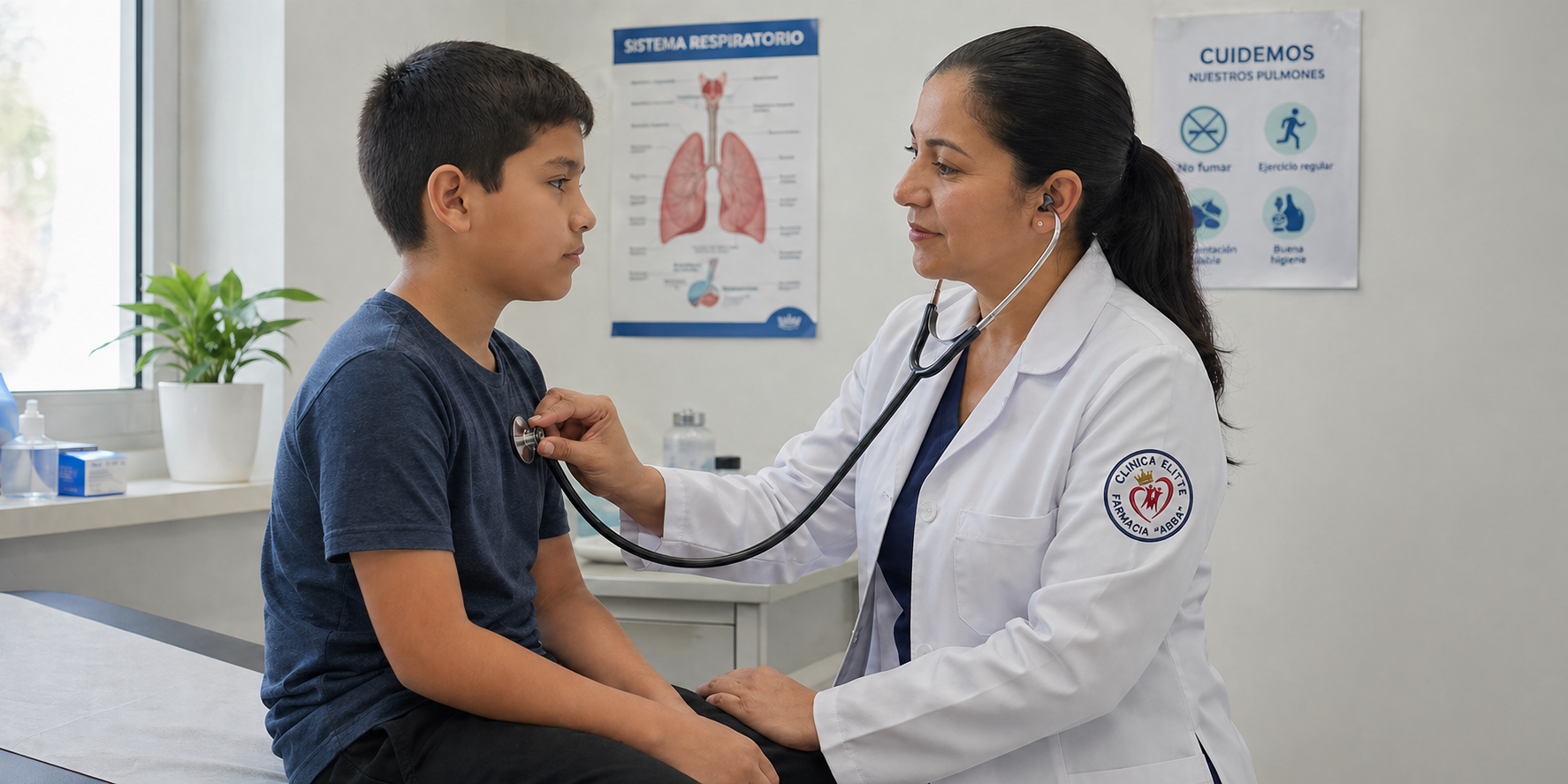 Dra. Ena Merlos auscultando a un niño en consulta pediátrica · Clínica Eliette Apopa